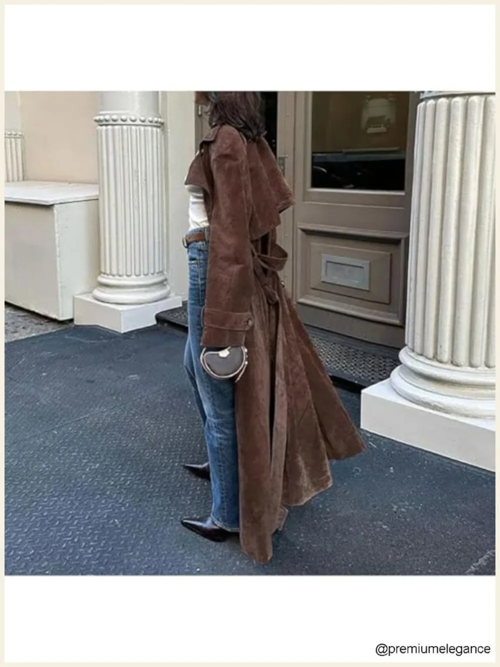Women's Faux Suede Long Trench Coat Notched Lapel Double Breasted Pea Overcoat